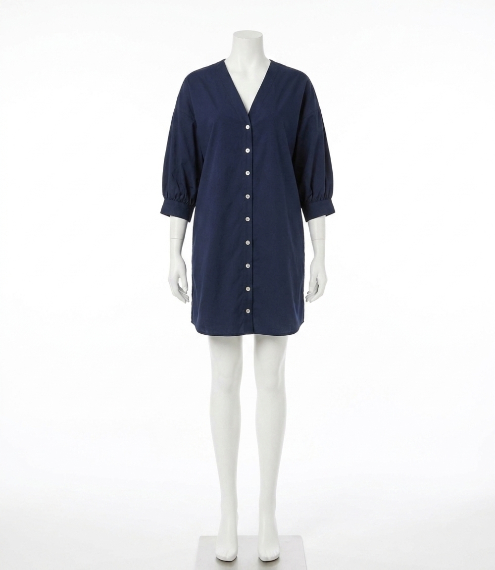 NEW KAREN KANE lantern sleeve button-front dress in navy